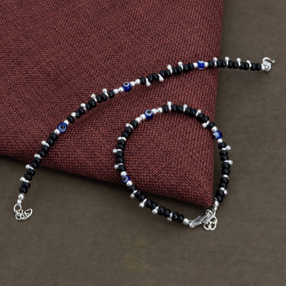 Black Beads & Blue Evil Eye Silver Baby Anklet
