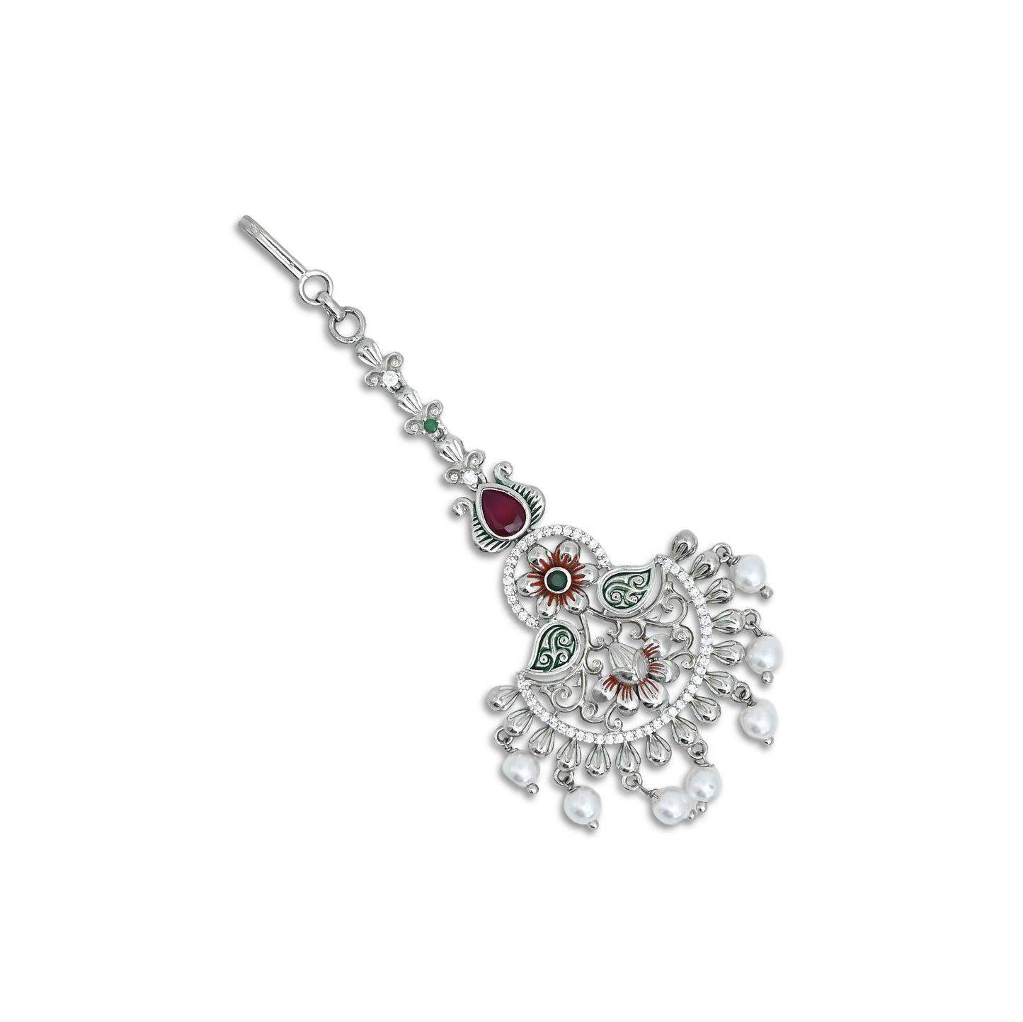 Silver maang tikka for girls featuring an elegant sunflower design.