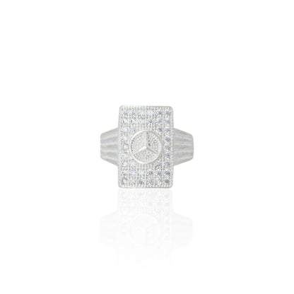 Silver boys' ring featuring an intricate Mercedes symbol, offering a luxurious and stylish design.