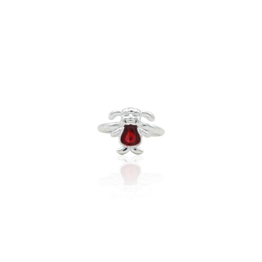 Silver baby ring featuring a vibrant red gemstone, offering a cute and fashionable design