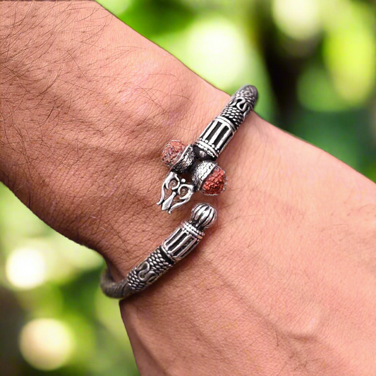 Premium Hand-Engraved Rudraksha Oxidized Silver Kada Design for Man