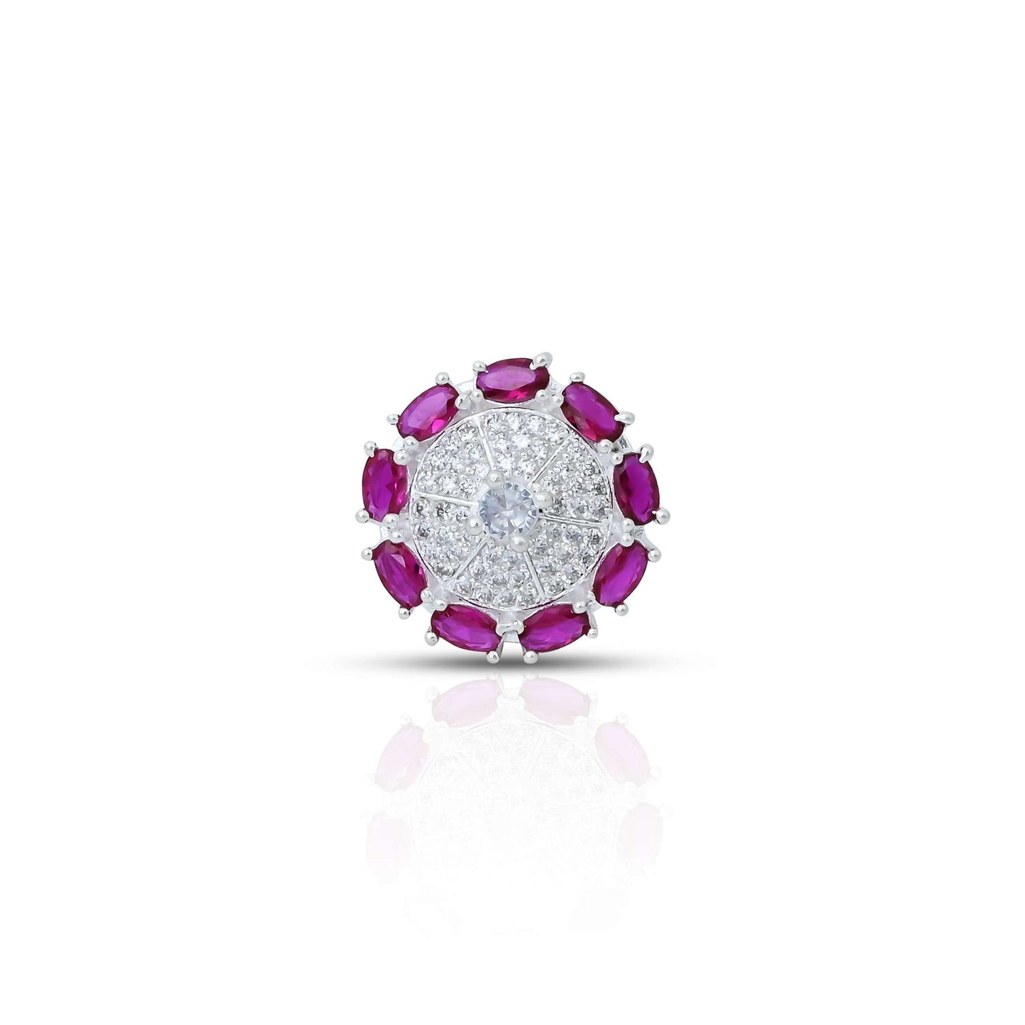 Silver ring featuring a round design with purple gemstones at the edges