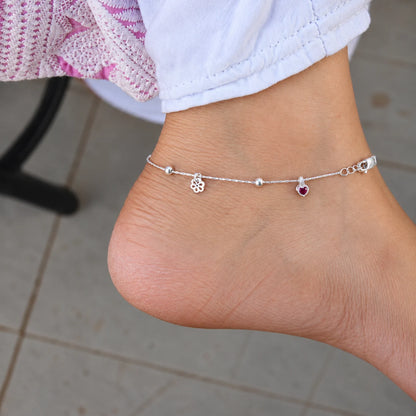 Silver Heart & Flower Charm Anklet for Women | Dainty Silver Payal
