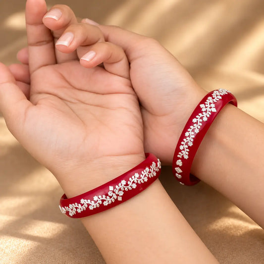 Traditional Red Bangles with Pure Silver Floral