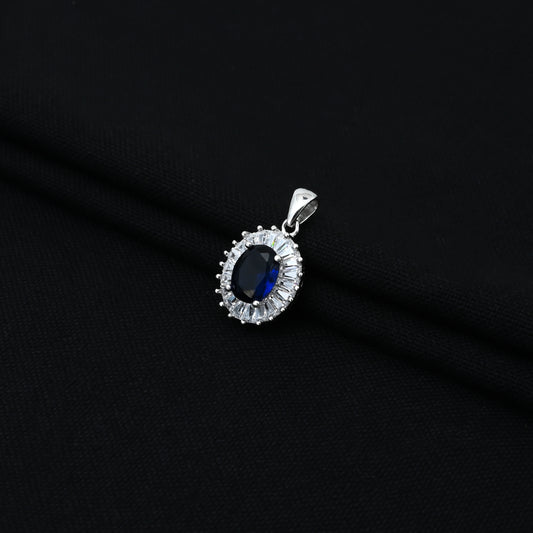 Stylish silver pendant for girls, featuring a blue oval gem with a CZ-studded border