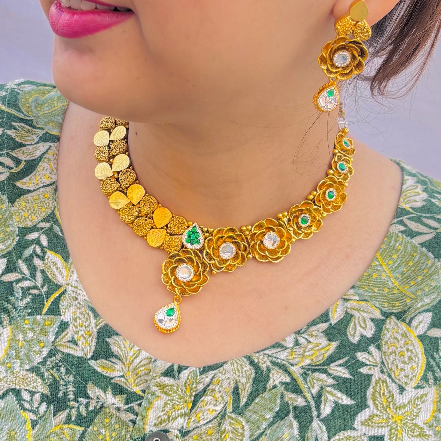 Graceful Gold Polish Silver Necklace with Gold Leaves and Magnificent Flower Buds.