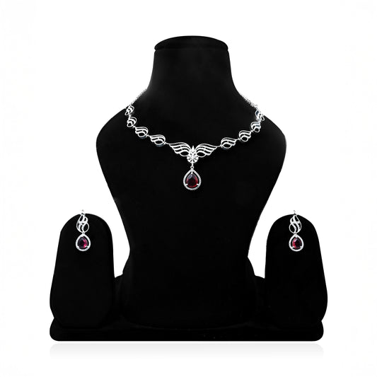 Luxury Silver Necklace and Earring Set Featuring Bold Blood Red Water Drop Stone.