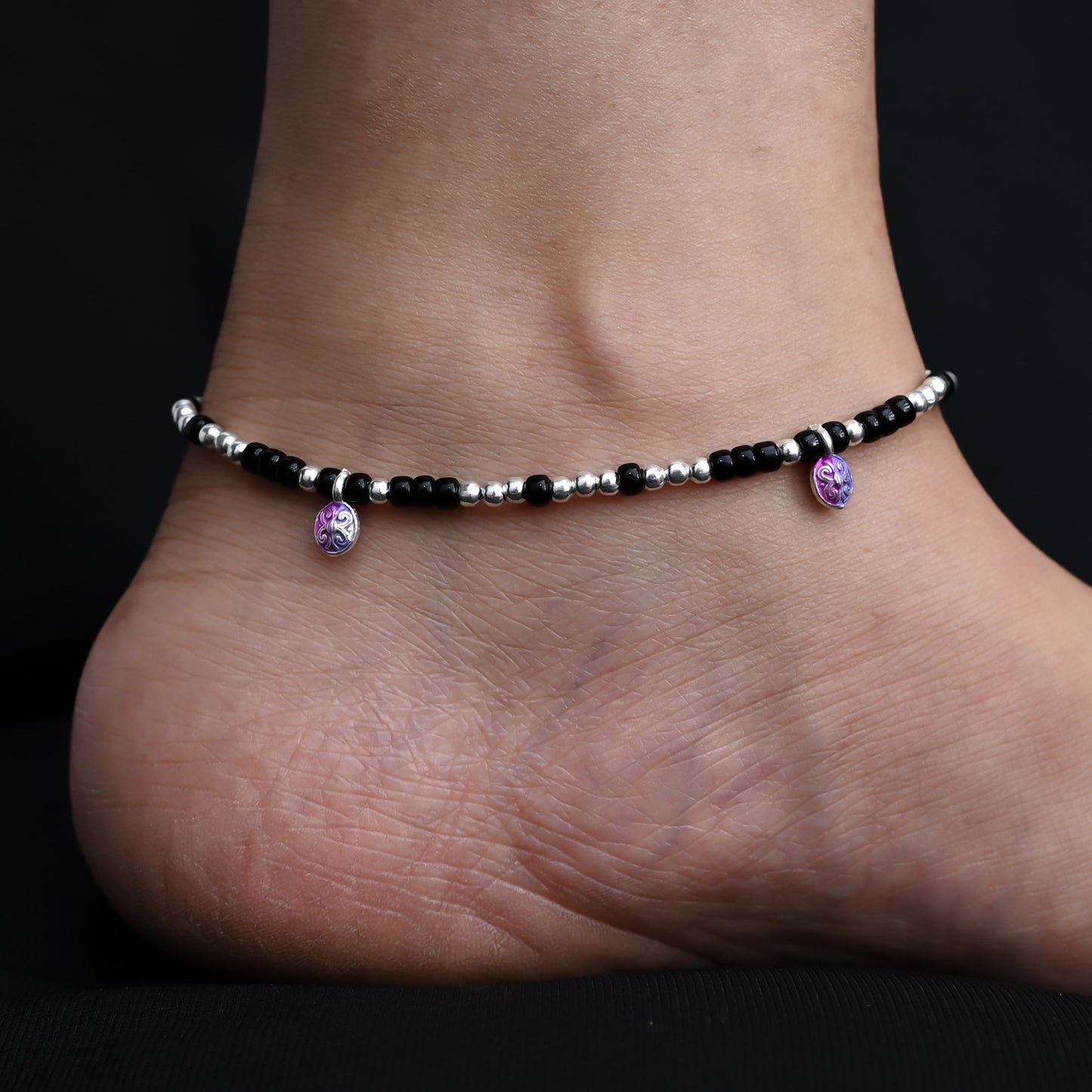 Sterling Silver combination of silver and Black Beads Anklet for Girls