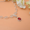 Luxury Silver Necklace and Earring Set Featuring Bold Blood Red Water Drop Stone.
