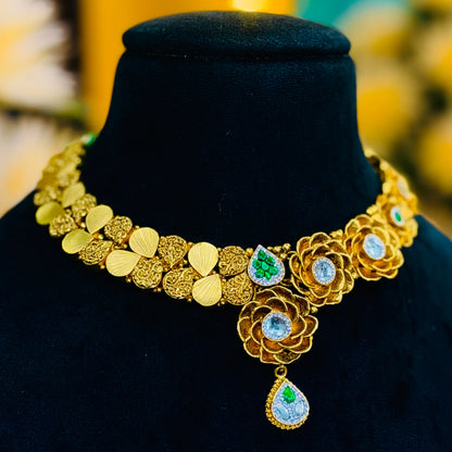 Graceful Gold Polish Silver Necklace with Gold Leaves and Magnificent Flower Buds.