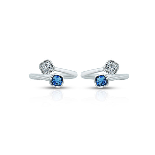 Elegant silver toe ring featuring a square blue gemstone and a delicate flower design