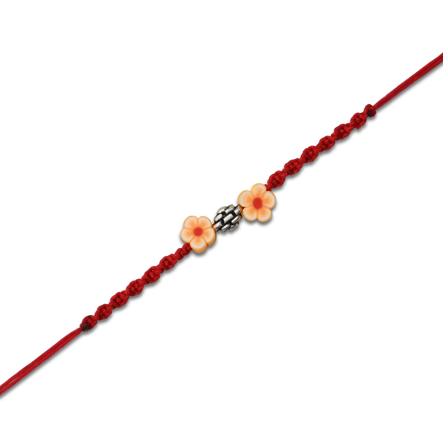 Boys' Rakhi featuring a silver bead centerpiece and vibrant orange flowers.
