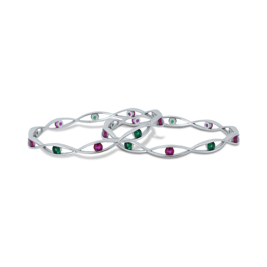 Elegant silver bangles adorned with vibrant colorful pearls for a sophisticated look.