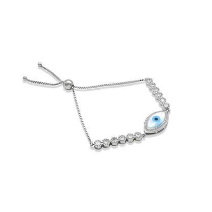 Stylish silver bracelet adorned with shiny studded evil eyes for a bold look