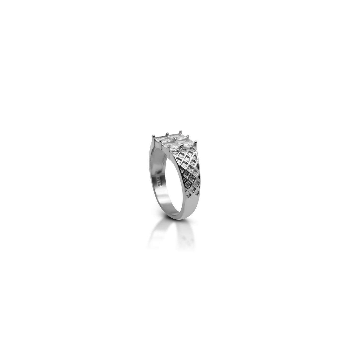 Elegant silver ring adorned with cubic zirconia stones.