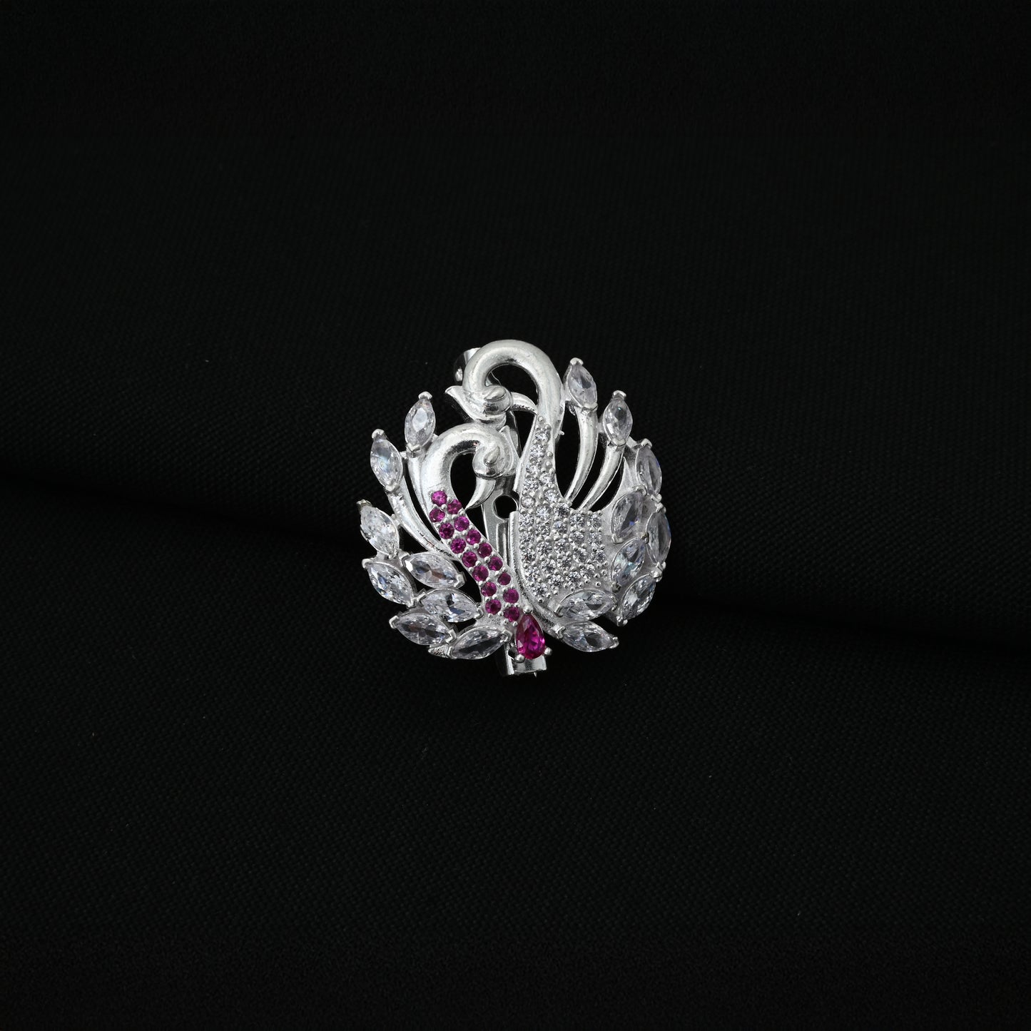 Silver Sari Pin with Two Swans and Pink Gemstones.