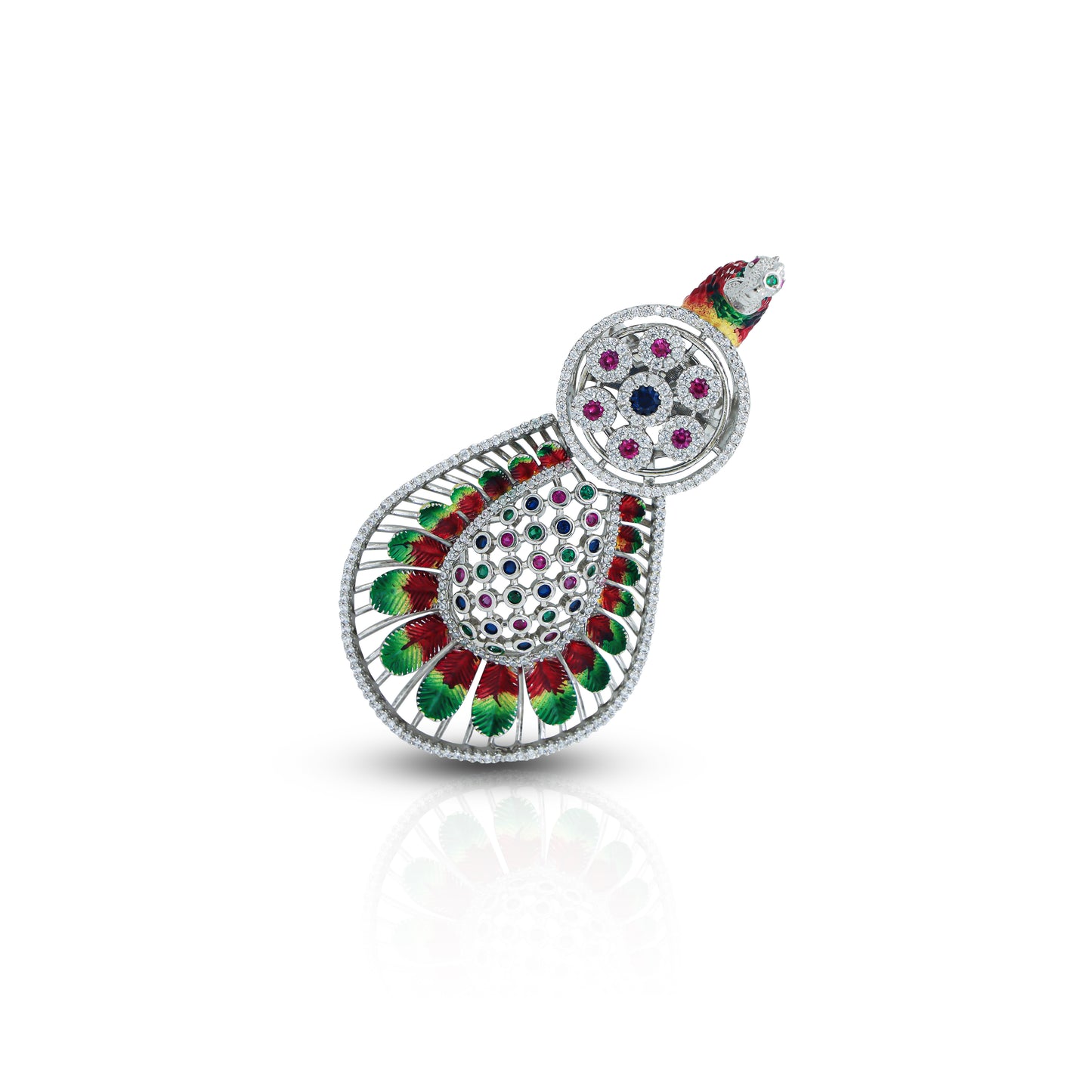 Silver Peacock Design Ring with Multi-Color Stones and Details.