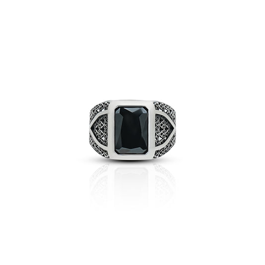 Elegant designer silver ring featuring a striking black stone for a bold look.