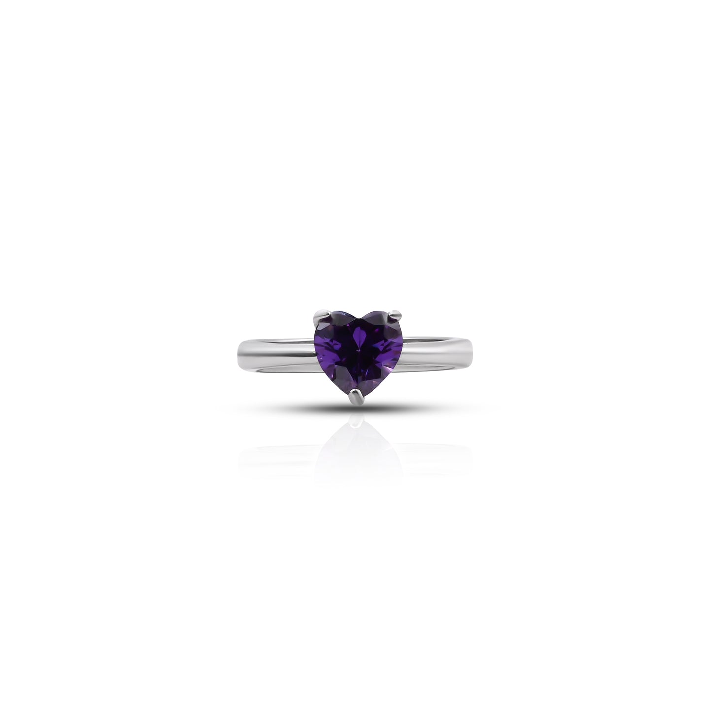 Silver ring with heart-shaped purple stone.