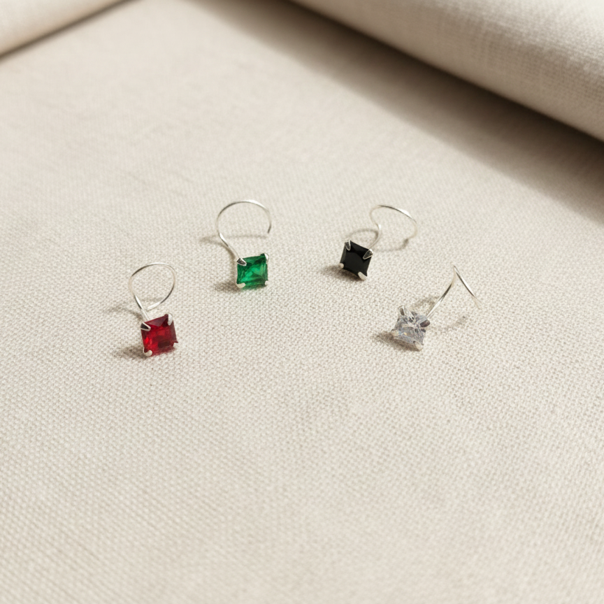 (13 Pcs ₹599 combo) Silver Nose Pin with Square Multicolour Stones
