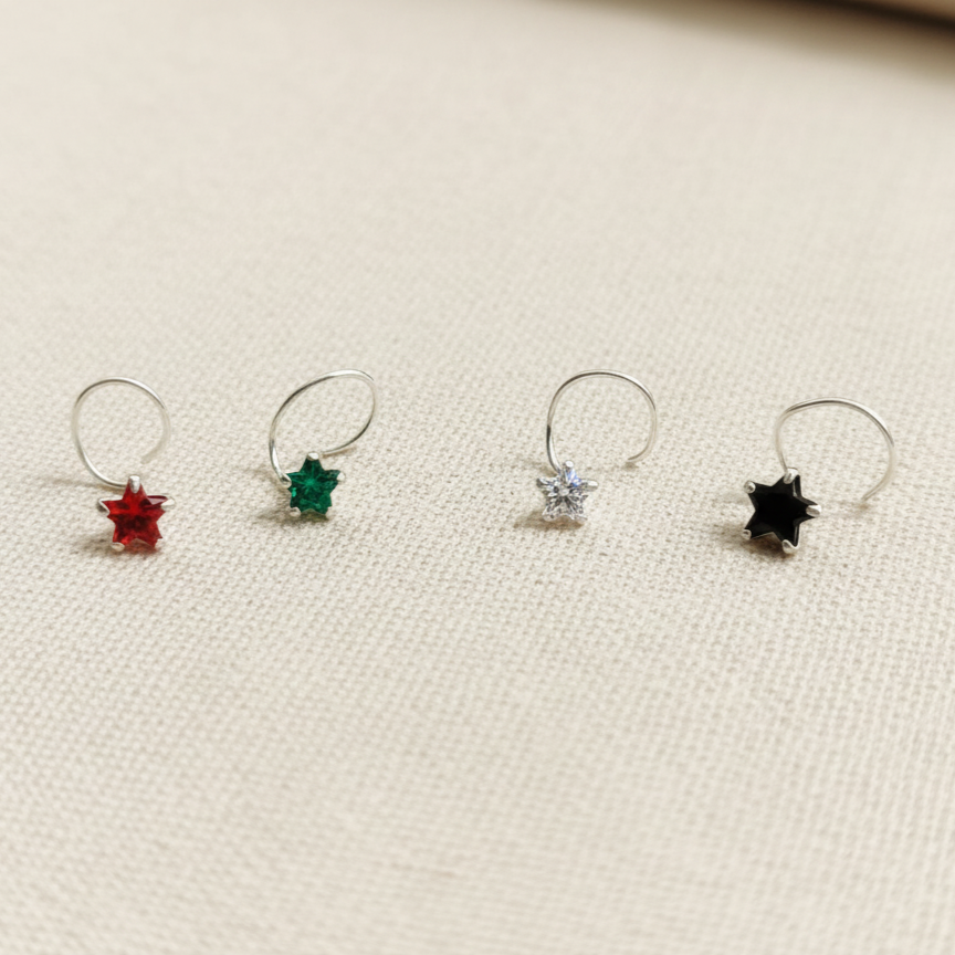 (13 Pcs ₹599 combo) Silver Nose Pin with Star Multicolor Stones