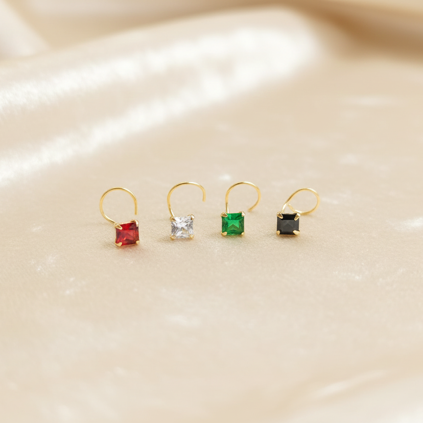 (13 Pcs ₹999 combo) Gold Polish Nose Pin with Square Multicolour Stones