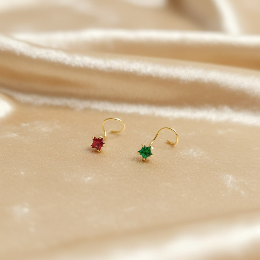 (13 Pcs ₹999 combo) Gold Polish Nose Pin with Star Multicolour Stones