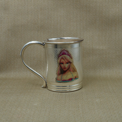 Close-up of the delightful silver mug with vibrant and playful princess design.