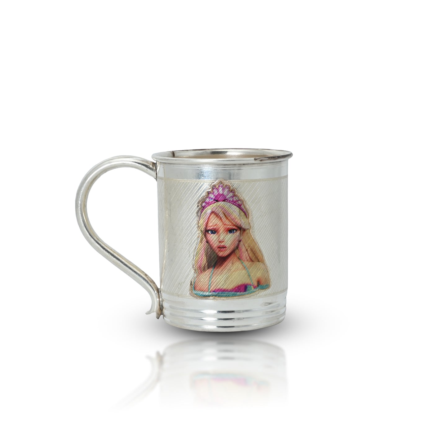 Charming silver mug featuring a colorful princess print, perfect for gifting.