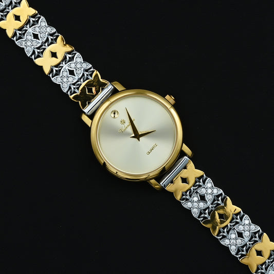 Elegant gold-plated silver quartz watch with flower design.