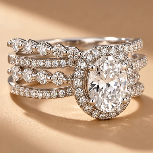 Elegant Oval Halo Multi-Layer Silver Ring