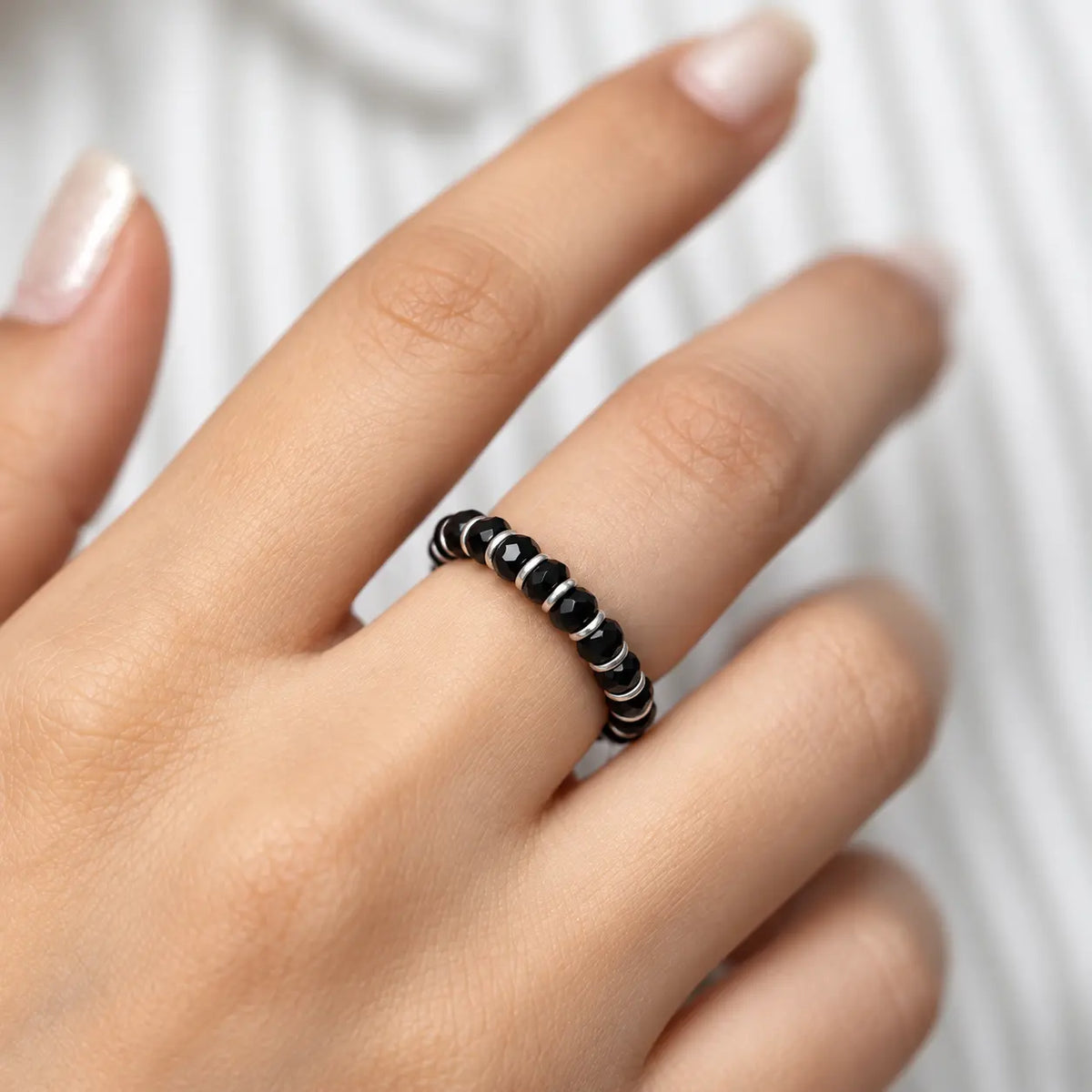 Silver Black Beads Chain Ring