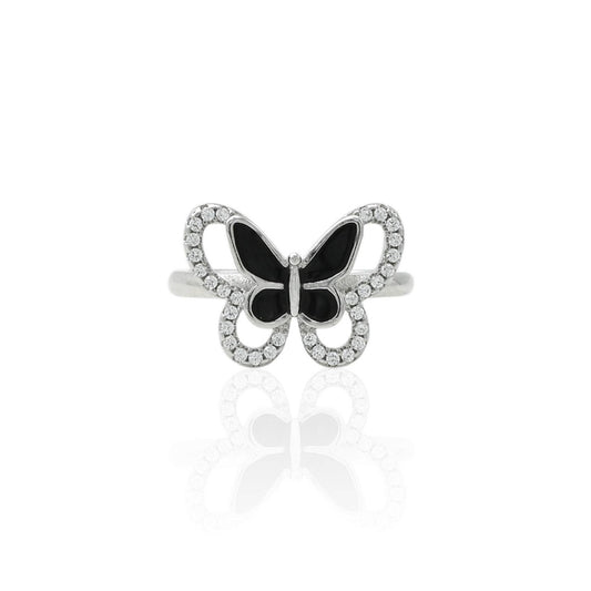 Silver ring featuring a delicate butterfly design, symbolizing beauty and transformation.