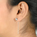 Silver Drop Earrings with Round Bud Design and Sparkling Center Stone