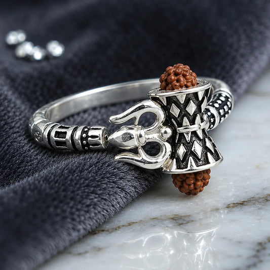 Shiv Silver Damru Ring with Rudraksha Bead