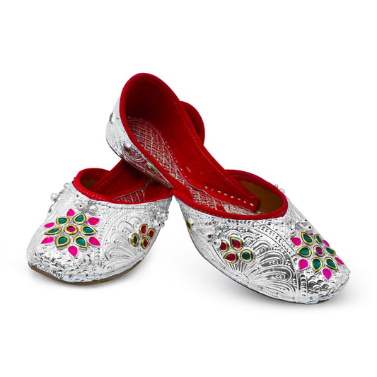 Handcrafted Silver Bridal Shoes with Engraved Elements and Design