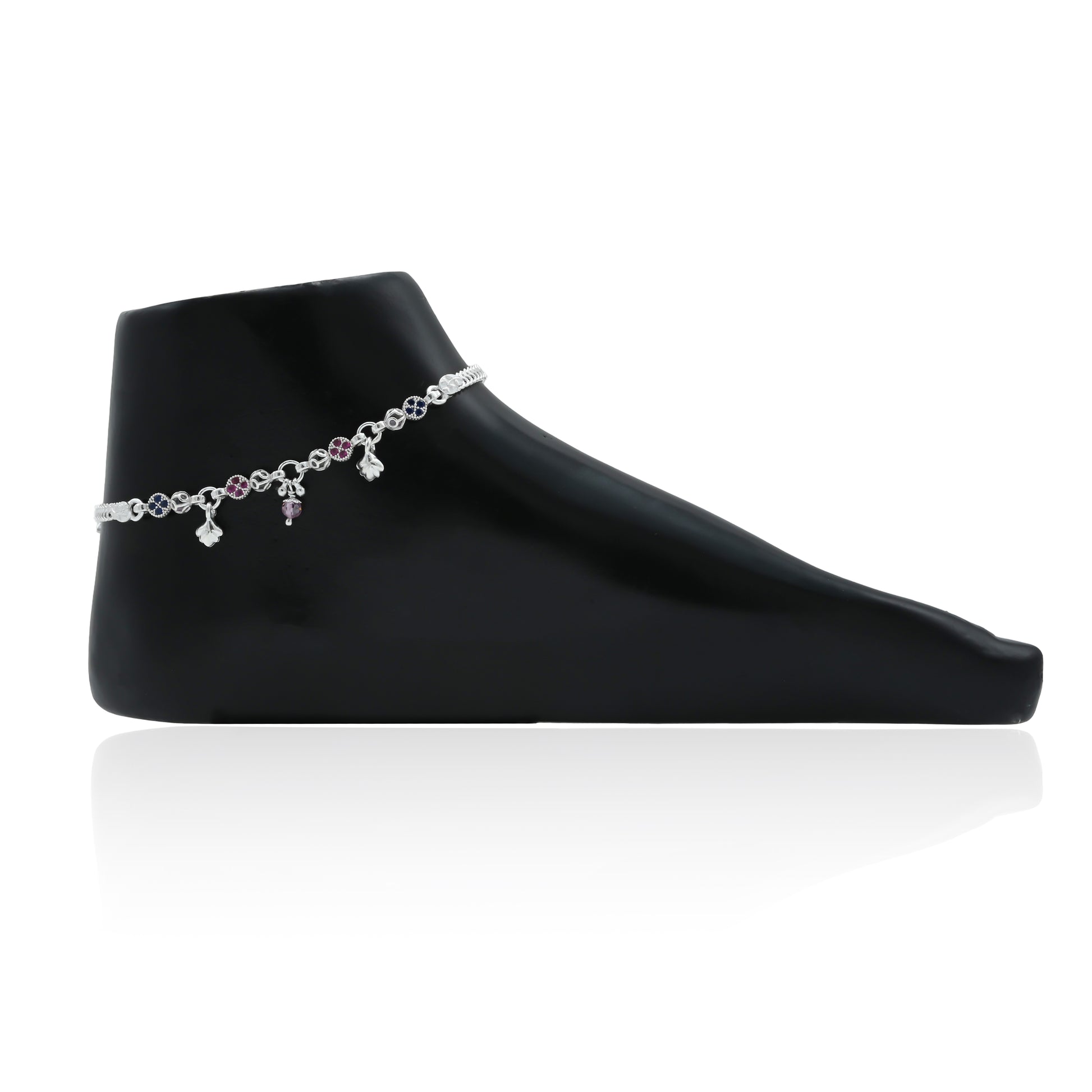 Elegant silver anklet featuring a variety of stones and ghungroo accents