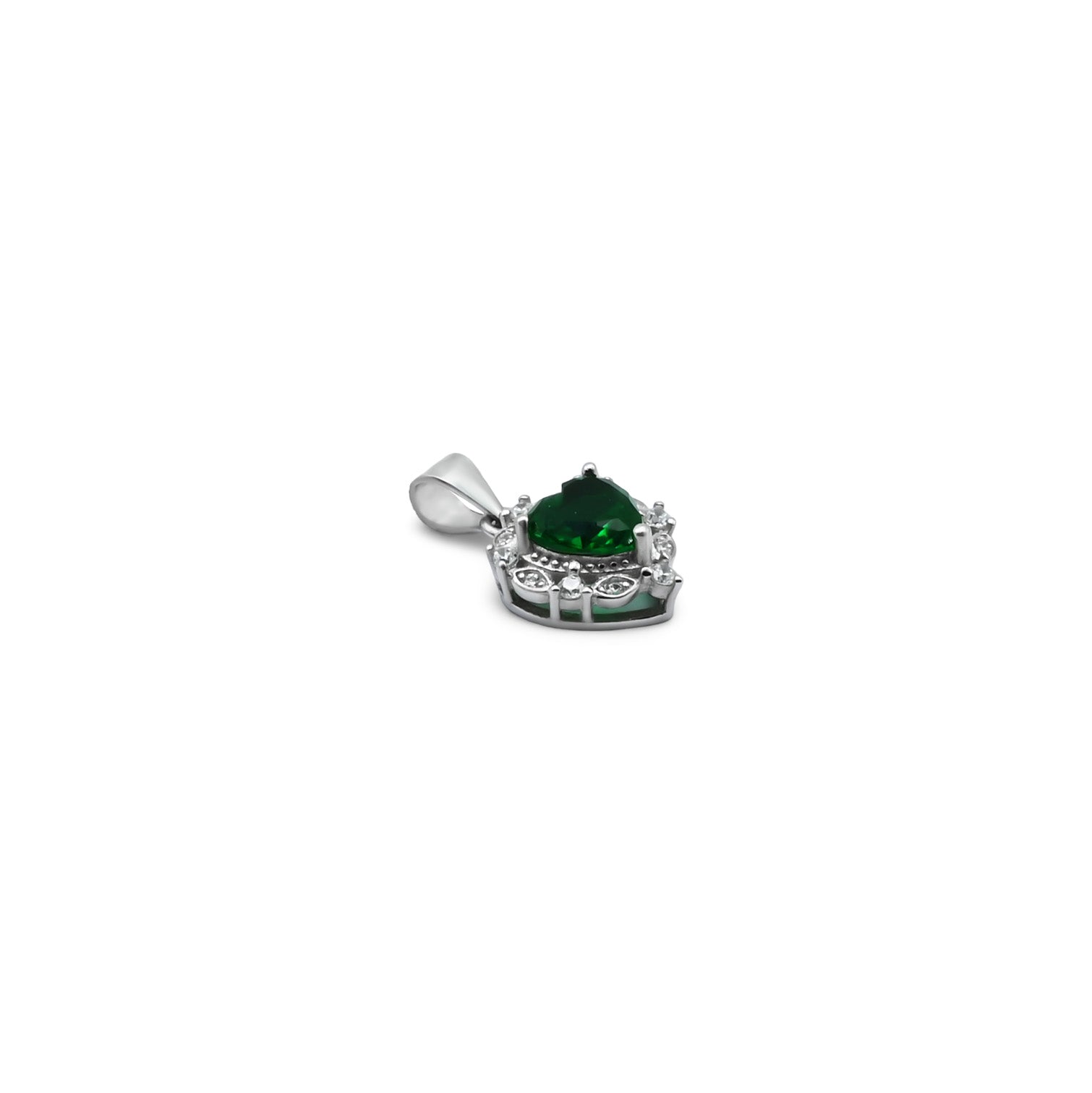 Elegant silver pendant with a central green gemstone in a heart shape, designed for girls