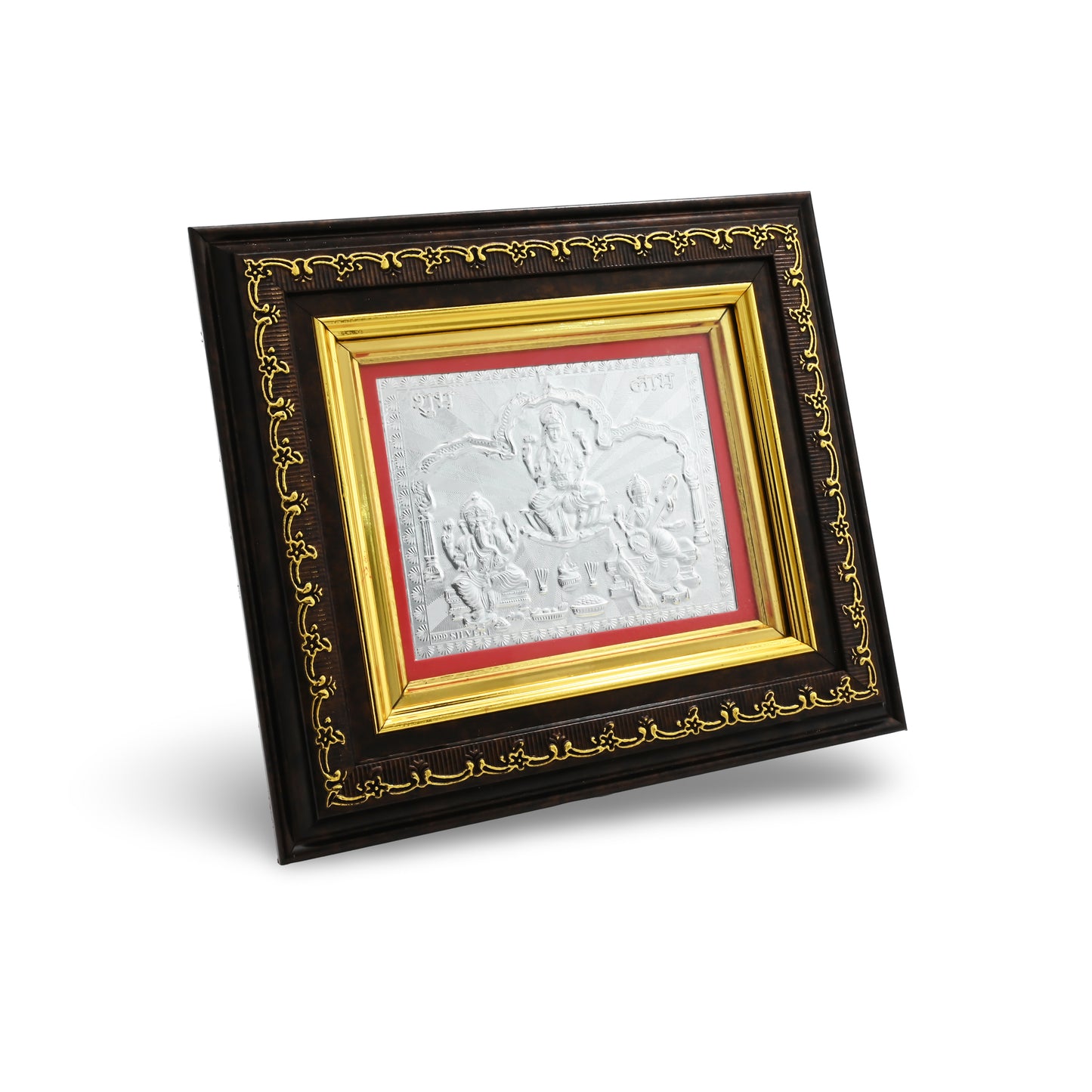 Elegant pure silver Lakshmi, Saraswati, and Ganesha photo frame, ideal for home decor and pooja rituals