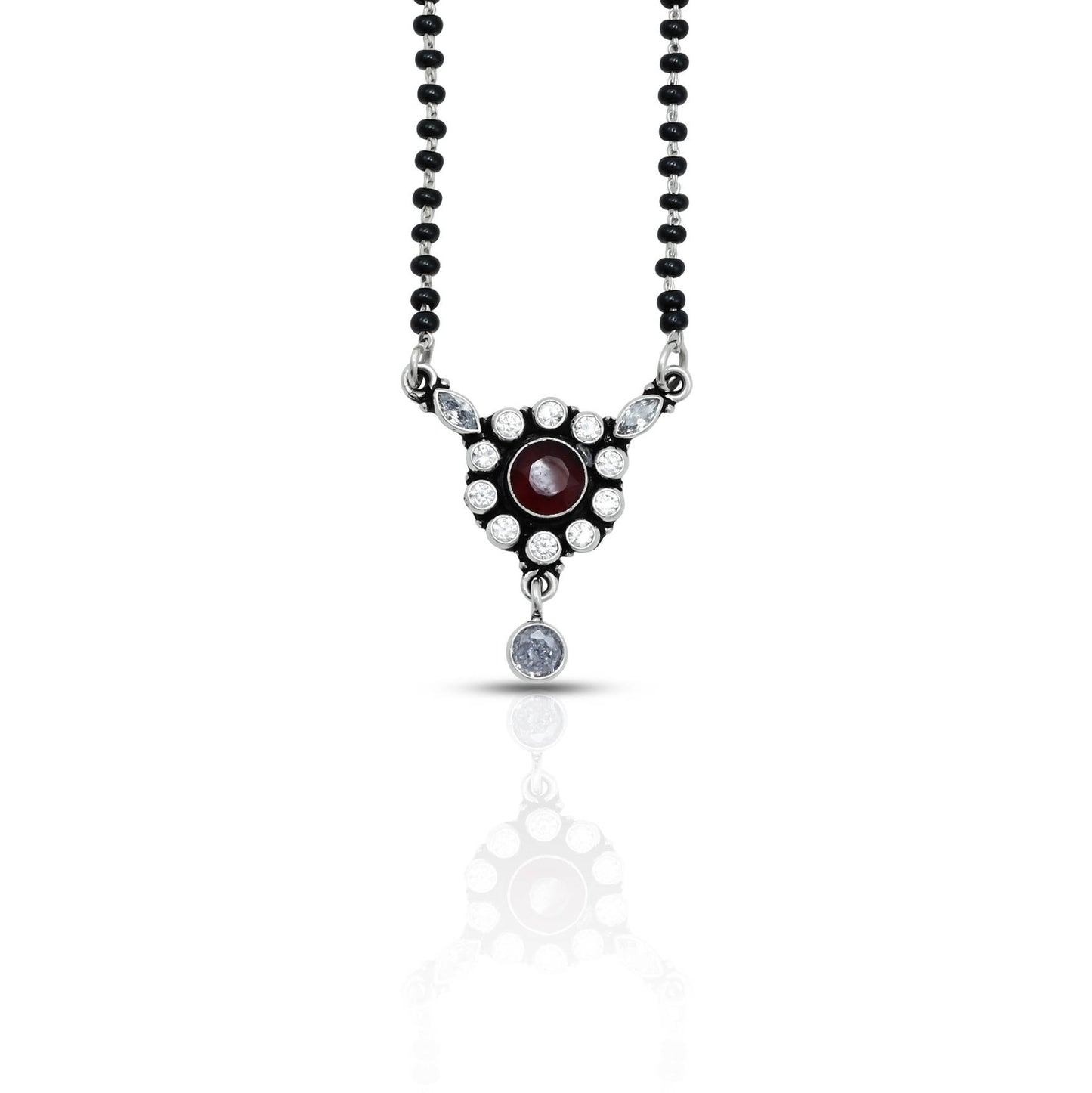 Elegant sterling silver mangalsutra with a stunning round maroon gemstone centerpiece