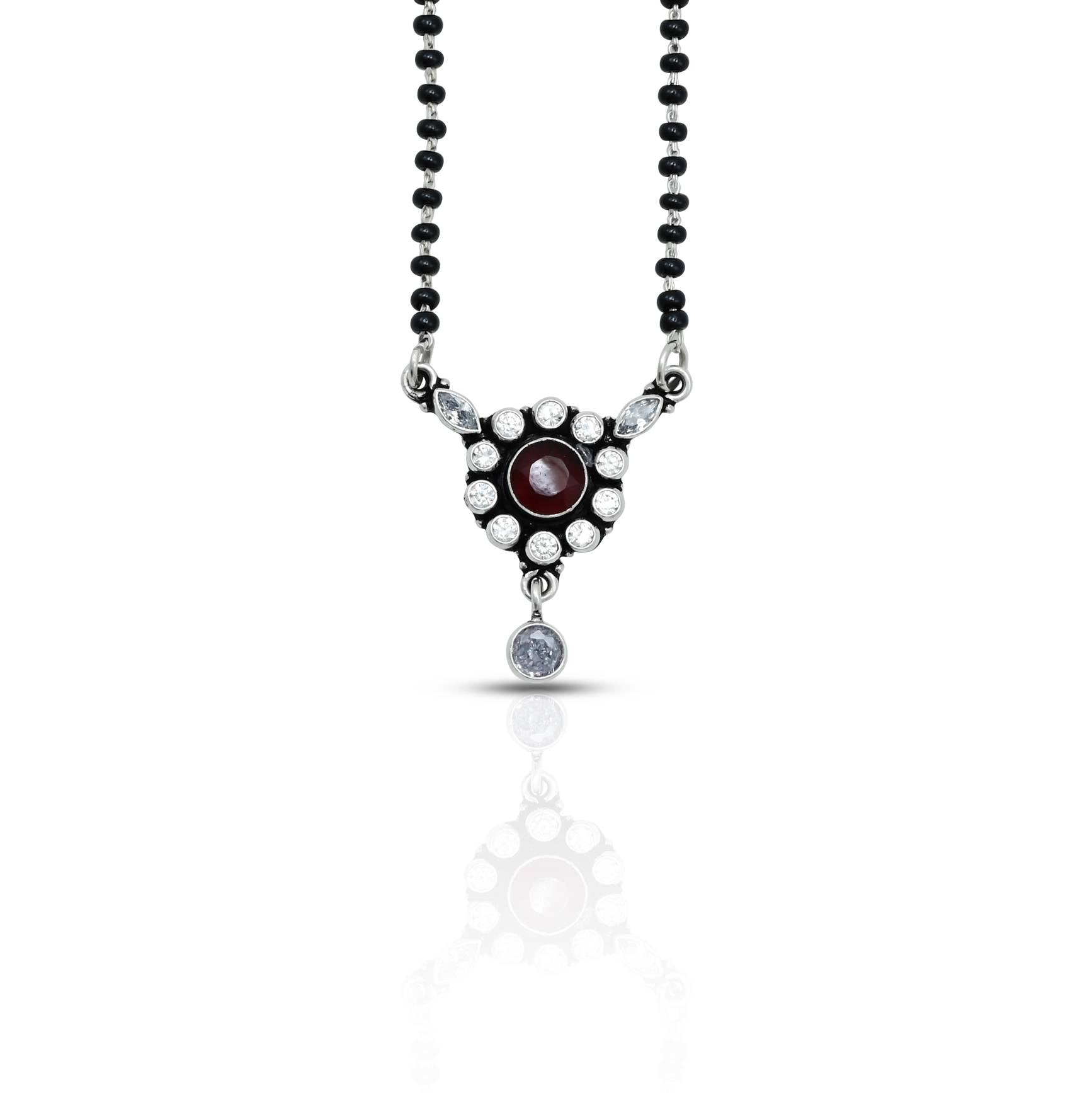 Elegant sterling silver mangalsutra with a stunning round maroon gemstone centerpiece