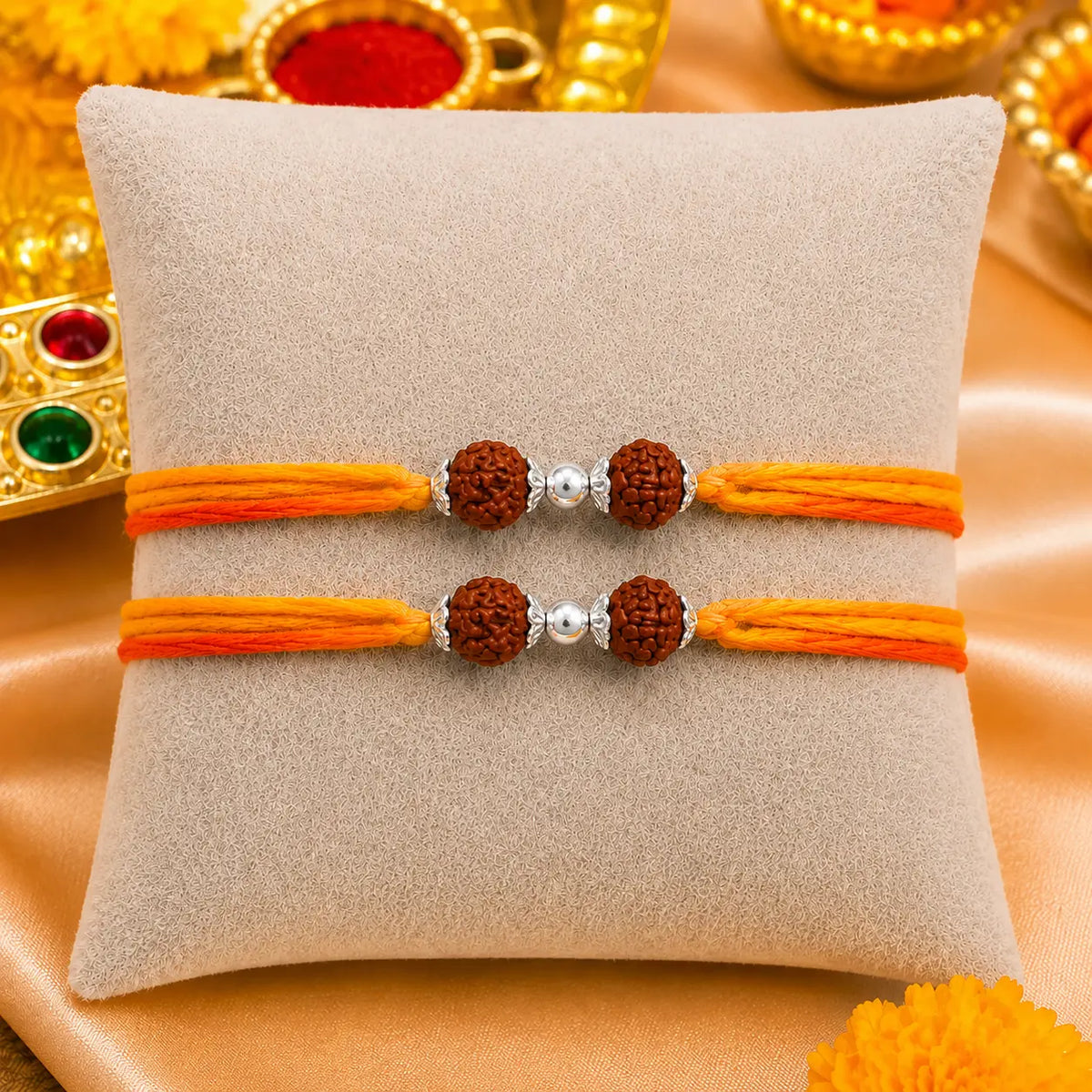 Spiritual Silver Rakhi Double Rudraksha Design