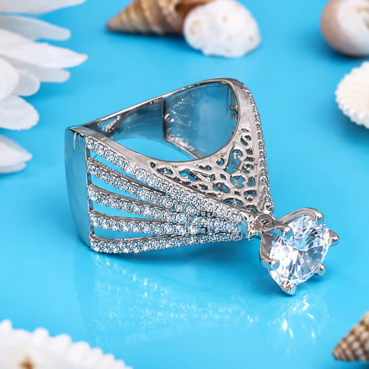 Unique Hand-Engraved Silver Ring with Shining White Center Stone.