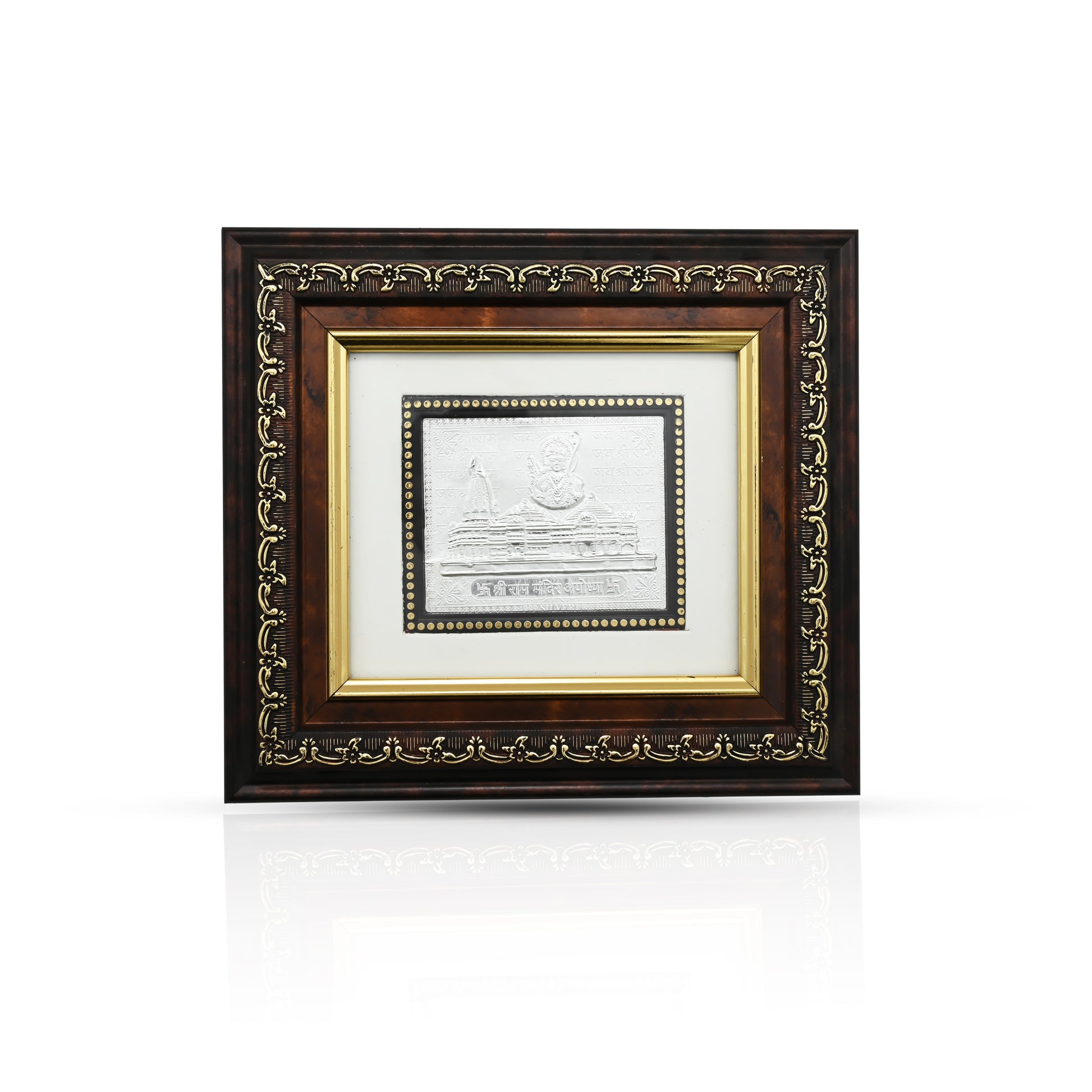 Shree Ram Mandir Ayodhya Silver Frame with Wooden Border for Home Decor