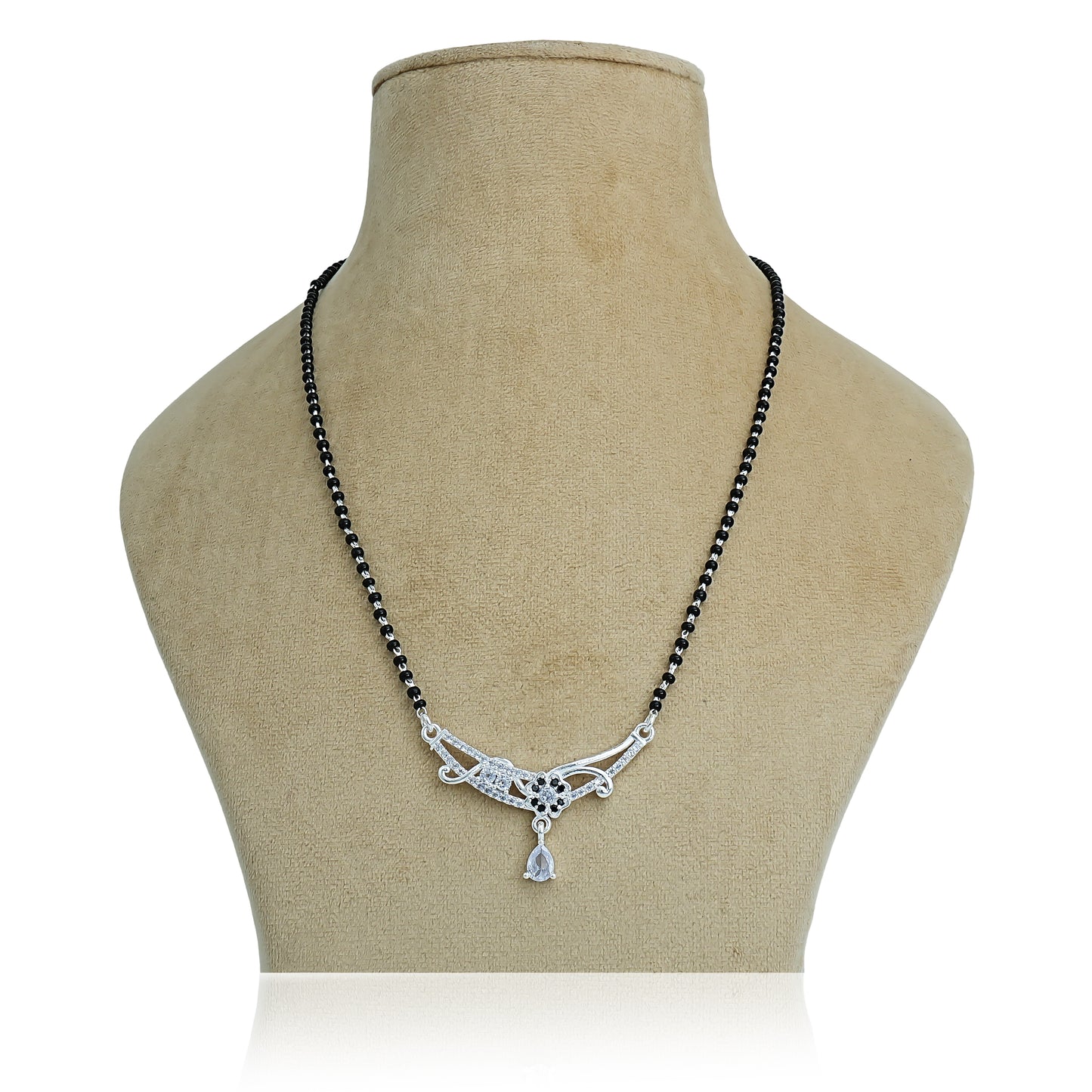 Exquisite floral design silver mangalsutra with a white gemstone