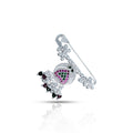 Heart-shaped silver saree pin adorned with purple and green stones