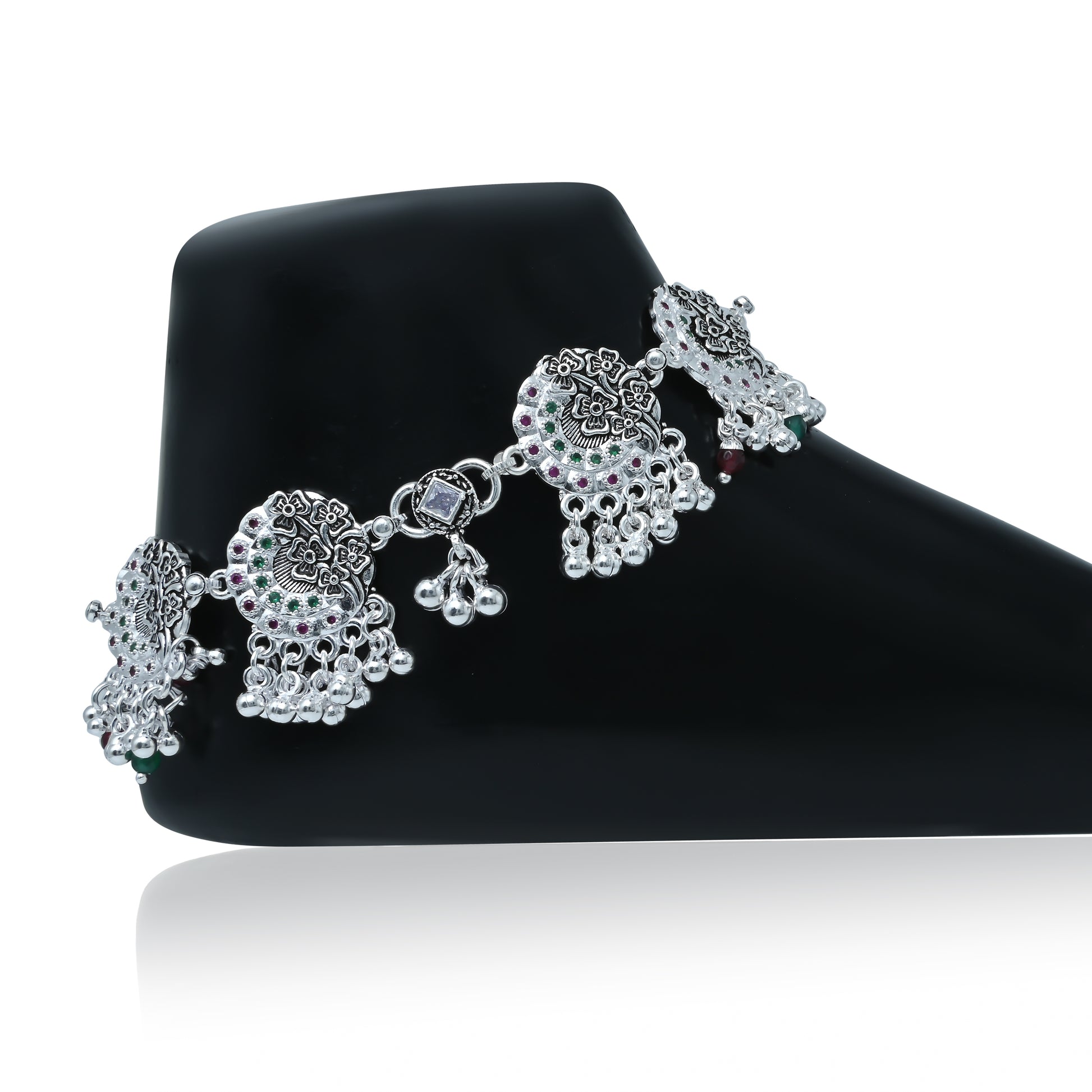 Elegant silver anklet with floral motifs and multicolour gemstone accents