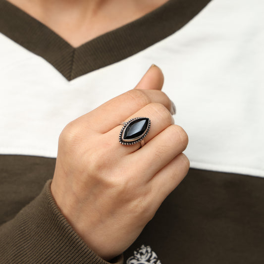Silver Precious Beady Black Stone Ring