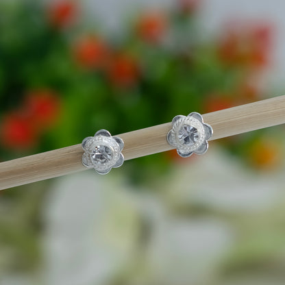 Elegant Floral Silver Stud Earrings with Sparkling Stone