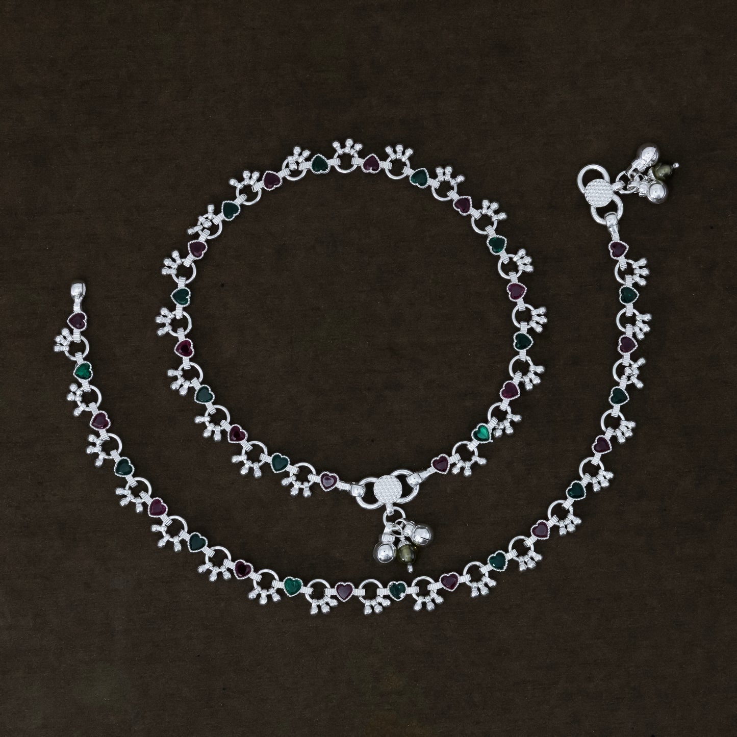Charming Silver Anklet Payal with Ghungroo and Vibrant Diamond-Shaped Stones.